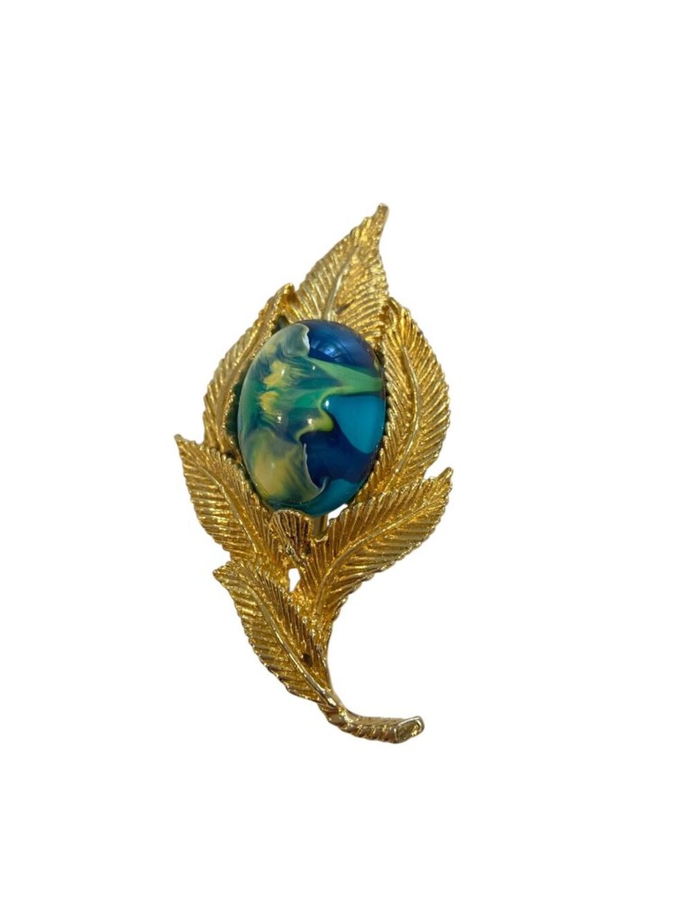 Gold-Tone Leaf Brooch With Blue & Green Swirl Cabochon 2.5 Inches Artist fermini - Picture 6 of 16
